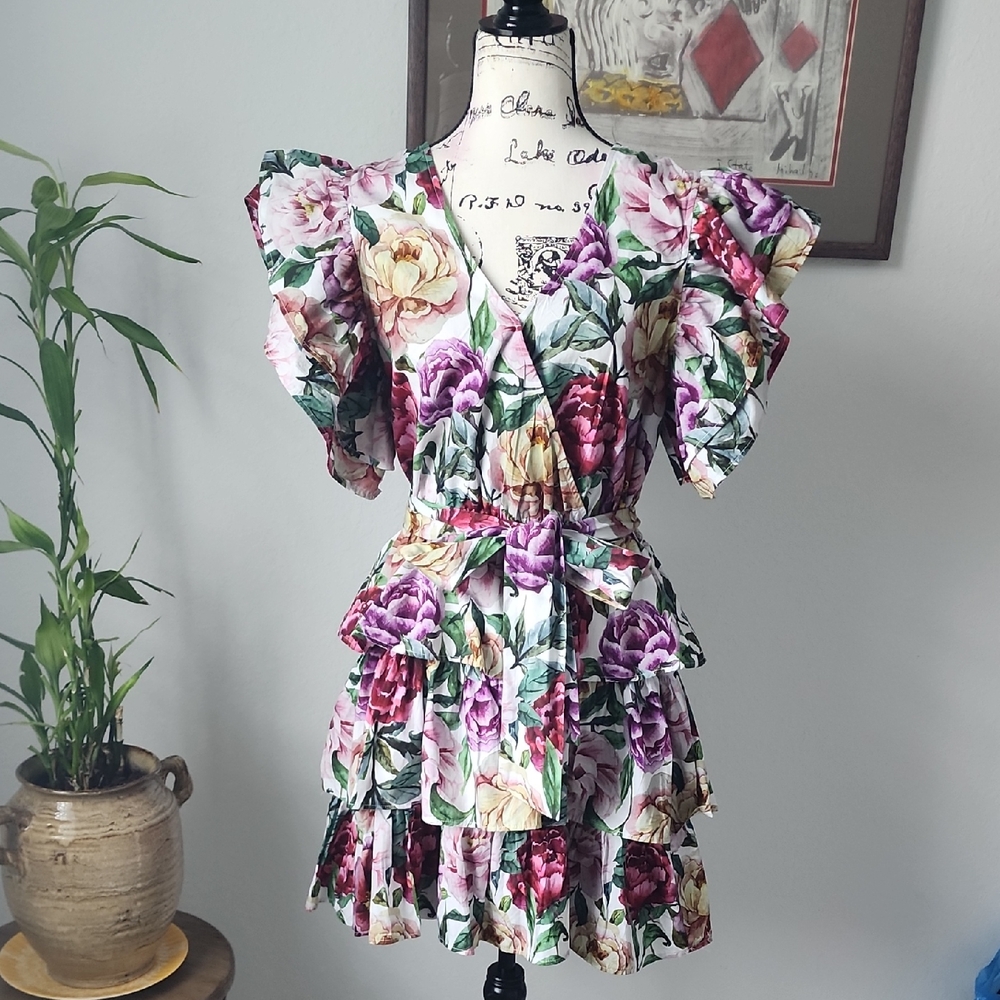 Aura Floral Ruffle Tiered Mini Dress in Purple, Pink, Yellow and Green